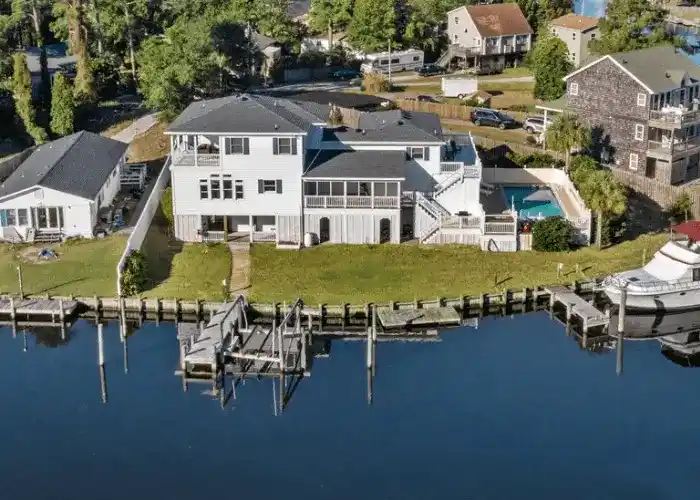 Aerial view of luxurious outer banks home on water